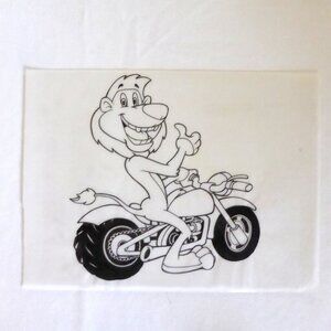 OOAK 8.75” x 12” HAND INKED VELLUM ORIGINAL LION MOTORCYCLE CARTOON ARTWORK